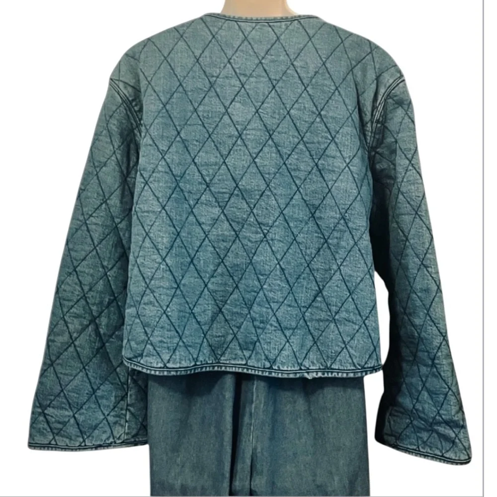 Kate Spade Women’s Blue Diamond-Pattern Quilted Cropped Denim Jean Jacket M